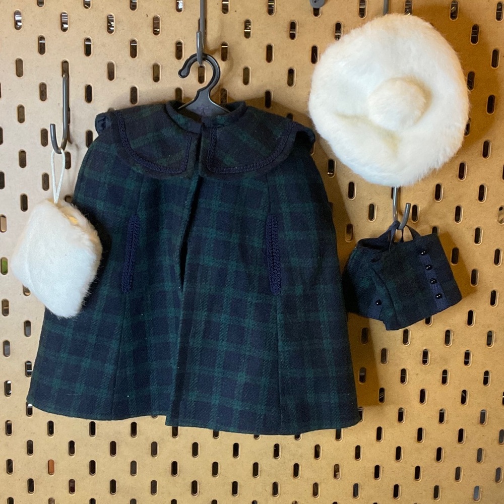 American girl doll outfit - Plaid Cape and Gaiters + Elegant Hat and Muffin